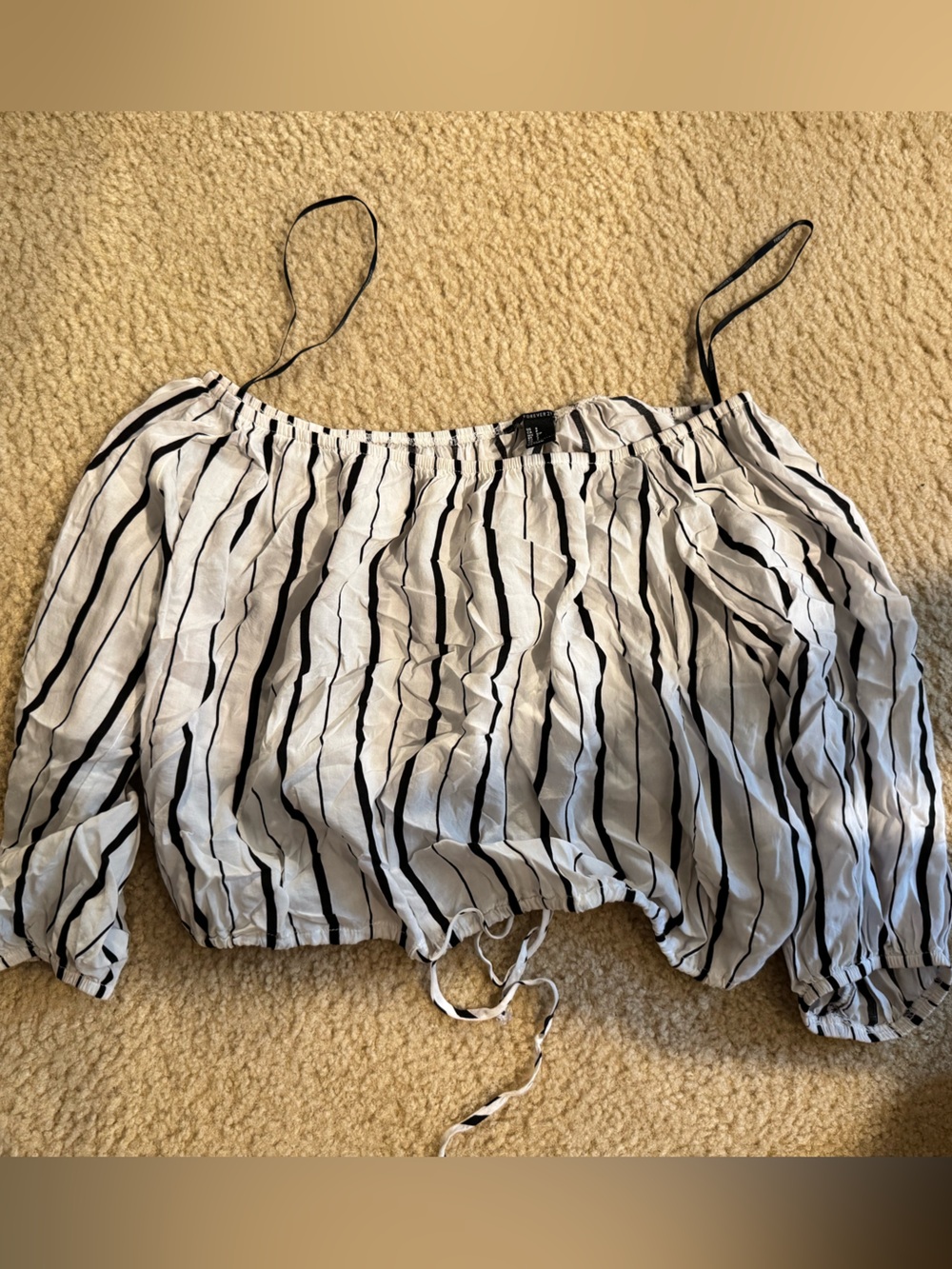 Forever 21 White and Black Striped Off-Shoulder Top - small
